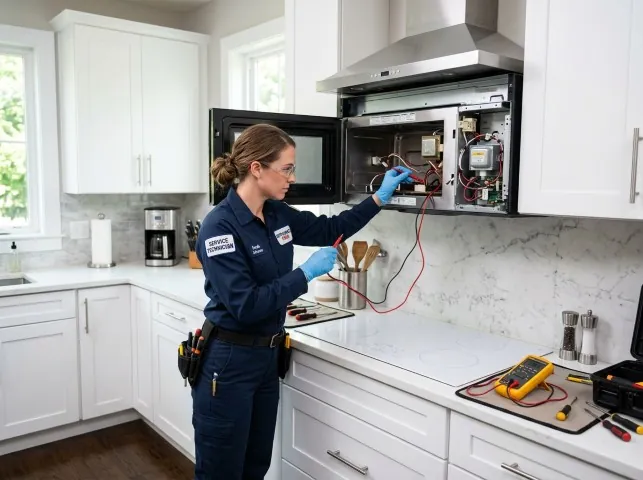 Appliance Repair Hero technician testing an over-the-range microwave in a Brown City, MI kitchen